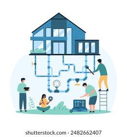 Installation and repair of water supply pipelines in basement of modern building, Tiny people install pipes connection and valves, inspection of system by technicians cartoon vector illustration