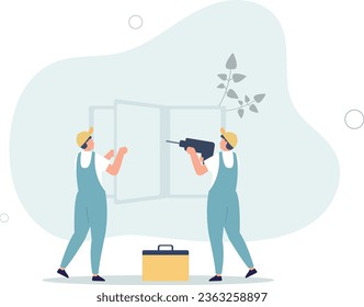 Installation or replacement of plastic windows, customer service. fitter with drill.flat vector illustration.
