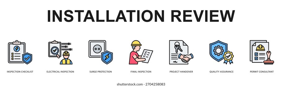 Installationsbericht Moderne und saubere Web-Banner-Illustration mit thematischen Symbolen für visuelle Kommunikation