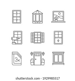 Servicios de instalación conjunto de iconos lineales. Ventanas dobles colgadas. Puerta de entrada. La vista externa maximiza. Símbolos de contorno de línea delgada personalizables. Ilustraciones aisladas del contorno vectorial. Trazo editable