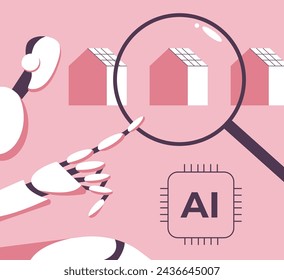 Installation of solar panel. Ai Robot worker on the roof of a house installs photovoltaic solar panels of alternative energy. Electric batteries. Flat vector illustration.