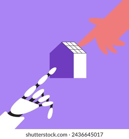 Installation of solar panel. Robot and worker installs photovoltaic solar panels of alternative energy on the roof of a house. Electric batteries. Flat vector illustration.