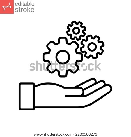 Installation and support line icon. Gears in hand for repair service process setting. Engineer job, Technology support. Editable stroke. Vector illustration. Design on white background. EPS 10