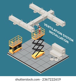 Instalación de un sistema de ventilación de fondo isométrico con personas que trabajan en altura utilizando una ilustración de vectores de carga hidráulica de elevación o de cisso