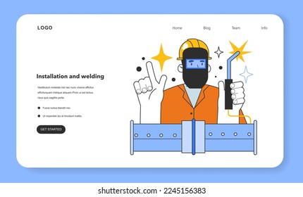 Installation and welding web banner or landing page. Gas pipeline construction, gas transportation pipeline system. Natural resource extraction industry. Flat vector illustration