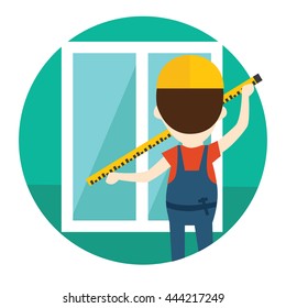 Installation of windows flat style illustration. Measuring windows. Worker measures the window using tape measure.