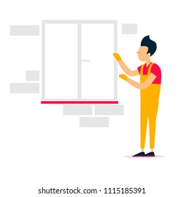 Installation of windows, repair, construction. Flat style vector illustration