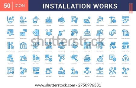 Installation Works Icon Set. Faucet Installation, Toilet Installation, Shower Head, Floor Drain, Shower Drain and more. blue style vector icons collection.