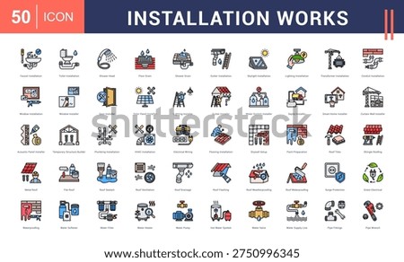 Installation Works Icon Set. Faucet Installation, Toilet Installation, Shower Head, Floor Drain, Shower Drain and more. Flat Line style vector icons collection.