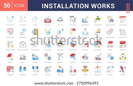 Installation Works Icon Set. Faucet Installation, Toilet Installation, Shower Head, Floor Drain, Shower Drain and more. Flat style vector icons collection.