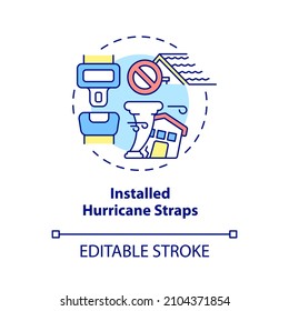 Installed hurricane straps concept icon. Enforcing housing structures abstract idea thin line illustration. Isolated outline drawing. Editable stroke. Roboto-Medium, Myriad Pro-Bold fonts used