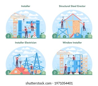 Installer concept set. Worker in uniform installing constructions. Professional service, repairman team. Construction service, house renovation. Flat vector illustration