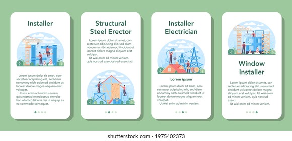 Installer mobile application banner set. Worker in uniform installing constructions. Professional service, repairman team. Construction service, house renovation. Flat vector illustration