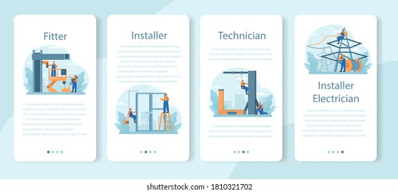 Instalador en línea o conjunto de plataformas. Trabajador con construcciones de instalación uniformes. Servicio profesional, equipo de reparadores. Servicio de construcción, renovación de viviendas. Ilustración vectorial plana aislada