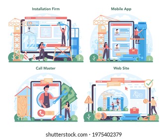 Installer online service or platform set. Worker in uniform installing construction. Construction house renovation service. Installation firm website, call master, mobile app. Flat vector illustration