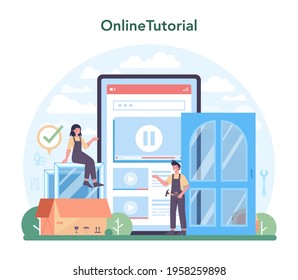 Installer online service or platform. Worker in uniform installing window