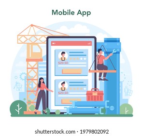 Installer online service or platform. Worker in uniform installing construction. Construction service, house renovation. Mobile app. Flat vector illustration