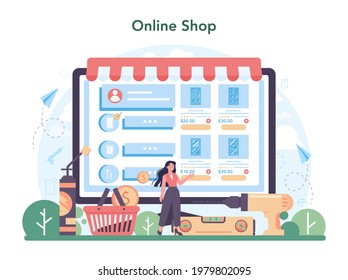 Installer online service or platform. Worker in uniform installing window and door. Professional service, repairman team. Online shop. Flat vector illustration