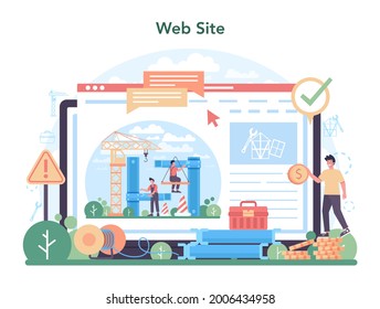 Installer online service or platform. Worker in uniform installing construction. Construction service, house renovation. Website. Flat vector illustration