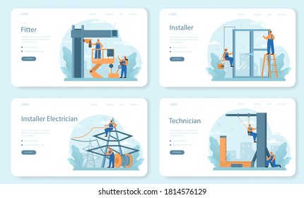 Installer web banner or landing page set. Worker in uniform installing constructions. Professional service, repairman team. Construction service, house renovation. Isolated flat vector illustration