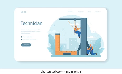 Installer web banner or landing page. Worker in uniform installing constructions. Professional service, repairman team. Construction service, house renovation. Isolated flat vector illustration