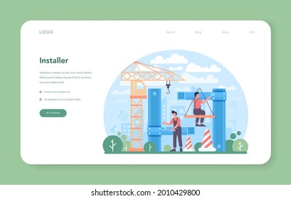 Installer-Web-Banner oder Landing-Page. Mitarbeiter in einheitlichen Installationskonstruktionen. Professioneller Service, Reparaturteam. Bauservice, Haussanierung. Flache Vektorgrafik
