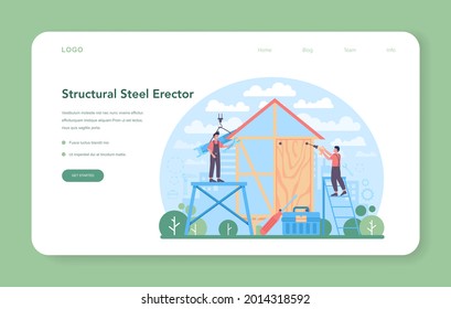 Installer web banner or landing page. Worker in uniform installing constructions. Professional service, repairman team. Construction service, house renovation. Flat vector illustration