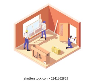 Installer workers from interior renovation service. Professional repairman in blue uniform installing window and door frame inside room. House indoor renovation process. Isometric vector illustration