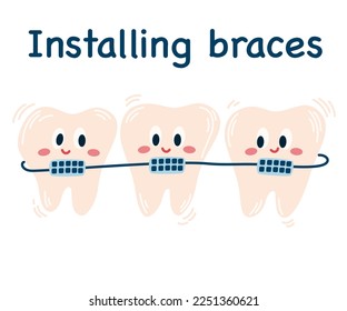 Instalando llaves. Dientes de dibujos animados con corchetes. Iconos alegres. Dientes tensionantes. Corrección del byte. Odontología. Ortodoncia. Atención dental. Corchetes de metal. Dientes rectos. Ilustración del vector