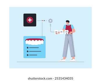 Instalação de aparelhos para limpeza e manutenção da saúde dentária, ilustração vetorial dentista.