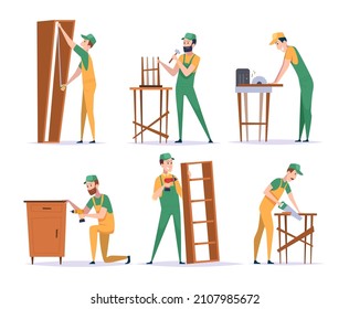 Installing furniture. Wooden manufacture service workers building chairs tables wardrobe crafted carpenter handyman exact vector cartoon people