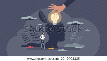 Installing idea lightbulb to think innovative solution tiny person concept. AHA moment with inspiration, creative invention or brainstorm thoughts vector illustration. Smart genius mind shining.