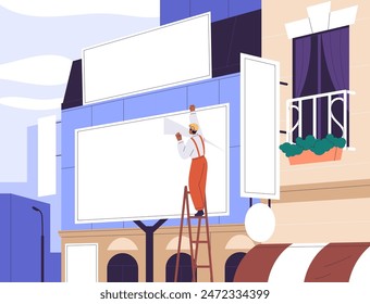 Installing large advertising billboard in city street. Worker placing advertisement, commercial banner on building wall. Outdoor marketing campaign preparation, installation. Flat vector illustration