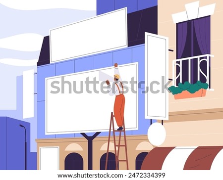 Installing large advertising billboard in city street. Worker placing advertisement, commercial banner on building wall. Outdoor marketing campaign preparation, installation. Flat vector illustration