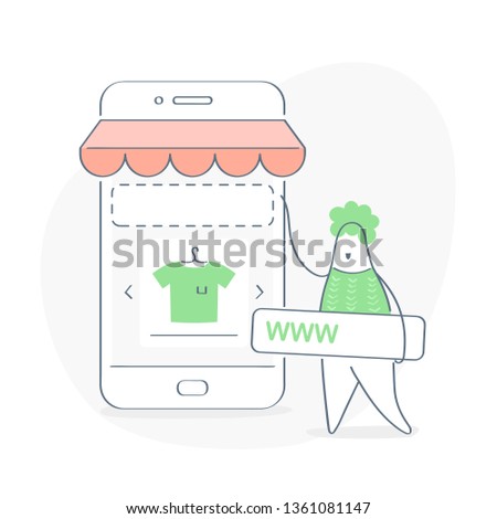 Installing an online store, placement of online shop domain address, storefront creation on the screen of a mobile device. E-commerce icon concept. Flat line vector illustration on white.