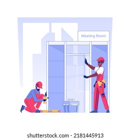 Installing partitions isolated concept vector illustration. Group of professional repairmen installing glass partition walls in office, interior works, commercial construction vector concept.