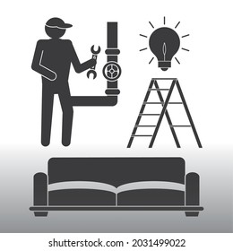 installing pipe, sofa and light icons set