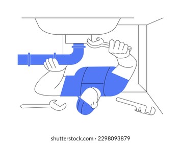 Installing plumbing fixtures abstract concept vector illustration. Professional plumber fixes the pipes under the sink, private house building, rough interior works abstract metaphor.