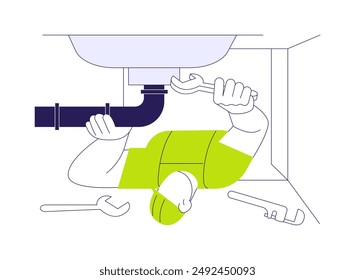 Installing plumbing fixtures abstract concept vector illustration. Professional plumber fixes the pipes under the sink, private house building, rough interior works abstract metaphor.