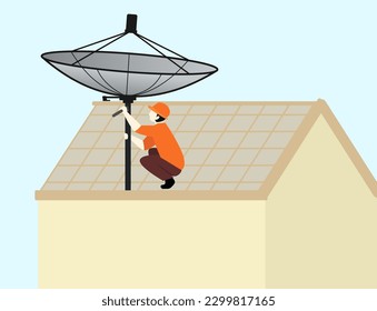 installing satellite dish on rooftop house vector illustration, Young Man Fitting TV Satellite Dish, telecommunication industry repair services, Service worker  fitting satellite antenna dish