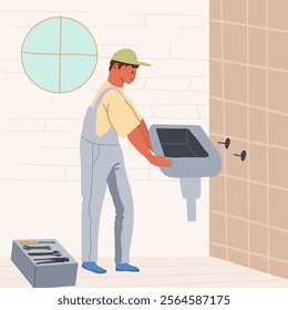 Installing a sink in a bathroom. Hand drawn vector illustration vector illustration.