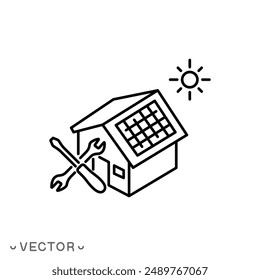 installing solar panel icon, equipment service alternative energy, thin line symbol isolated on white background, editable stroke eps 10 vector illustration