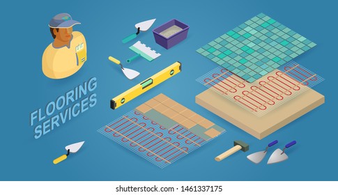Installing tiles on insulated floor. Builder, tools and tile. Worker, instruments and equipment. Home interior renovation. Home repair isometric template. Vector flat 3d illustration.