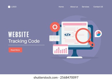 Installing tracking code on website to monitor website data, Website code installation, Tracking code fetching data from the website - landing page vector illustration with icons