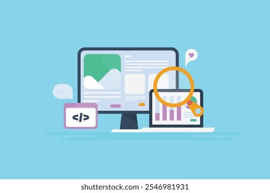 Installing tracking to monitor website performance, Website analysis, Code tracking website data, Data analytics dashboard - vector illustration with icons