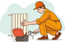 Installing the water heater radiator. Radiator water cleaning. Preparation for winter.Workman repairing radiator. House fixing handyman, renovation service vector illustration