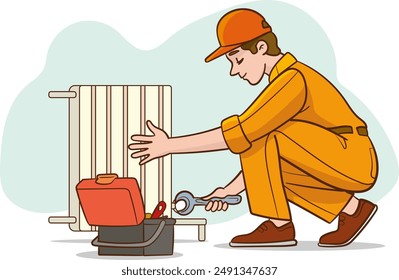 Monte el radiador del calentador de agua. Limpieza del agua del radiador. Preparación para el invierno.Workman reparando el radiador. Manitas de reparación de casas, Ilustración vectorial de servicio de renovación