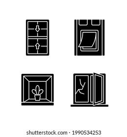 Installing windows and doors black glyph icons set on white space. Double-hung windows. Pet doors. Keeping indoor garden. Fixing cracked glass. Silhouette symbols. Vector isolated illustration