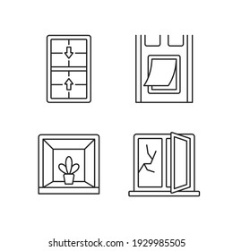 Instalar los iconos lineales de ventanas y puertas. Ventanas dobles colgadas. Puerta de mascotas. Conservando el jardín interior. Símbolos de contorno de línea delgada personalizables. Ilustraciones aisladas del contorno vectorial. Trazo editable