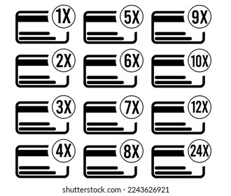 Installment on the card. Invoice split into 1x, 2x, 3x, 4x, 5x, 6x, 7x, 8x, 9x, 10x, 12x and 24x isolated on white background